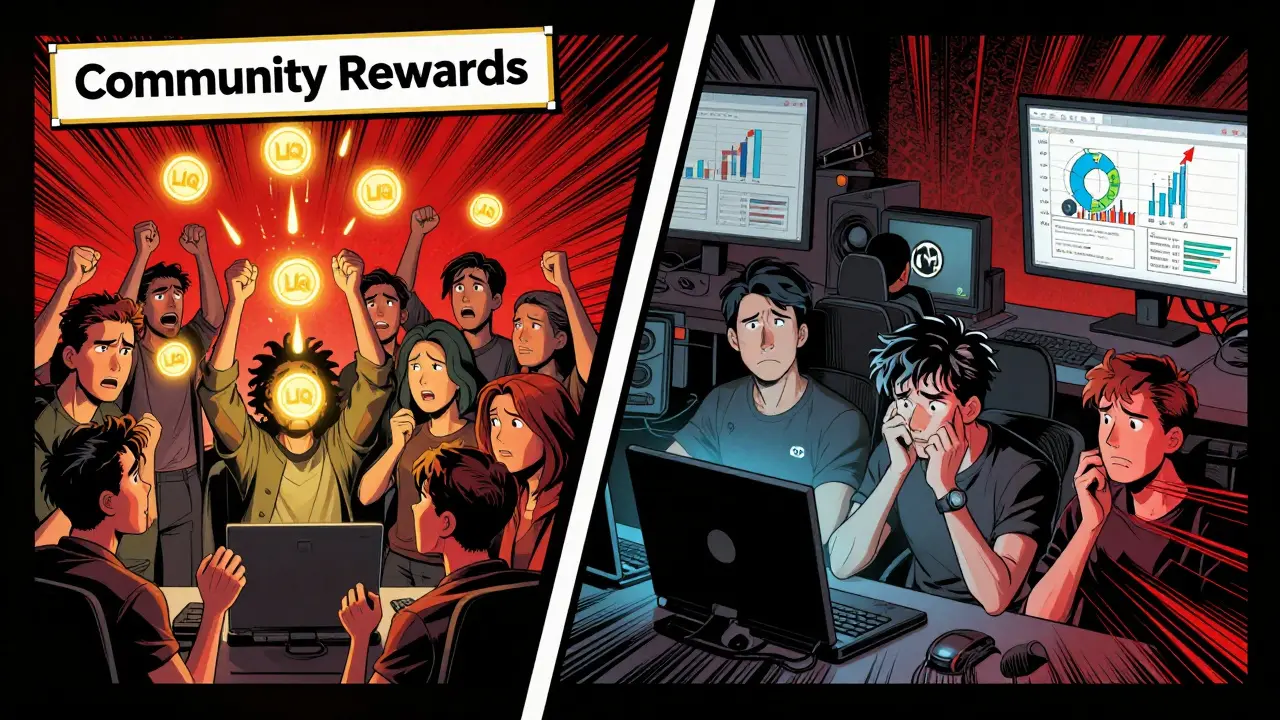 Early Liquidus supporters celebrate as tokens arrive, then years later sit confused amid dead tech, showing the rise and fall of the project.