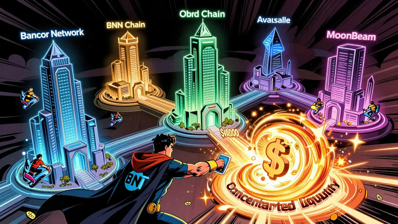 Five blockchain cities connected by BNT bridges, with a hero transforming small capital into massive liquidity.