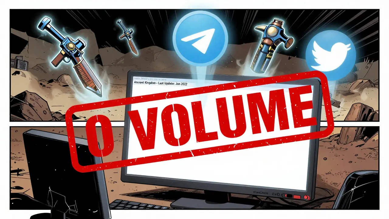 Ghostly NFT gear sinks into the ground as a monitor displays 'Last Update: Jan 2022' with '0 VOLUME' stamped over it.