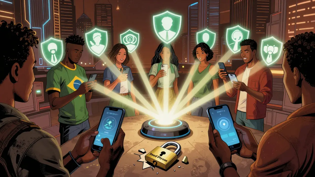 People across emerging markets connected by light beams to a central smart wallet with guardian shields.