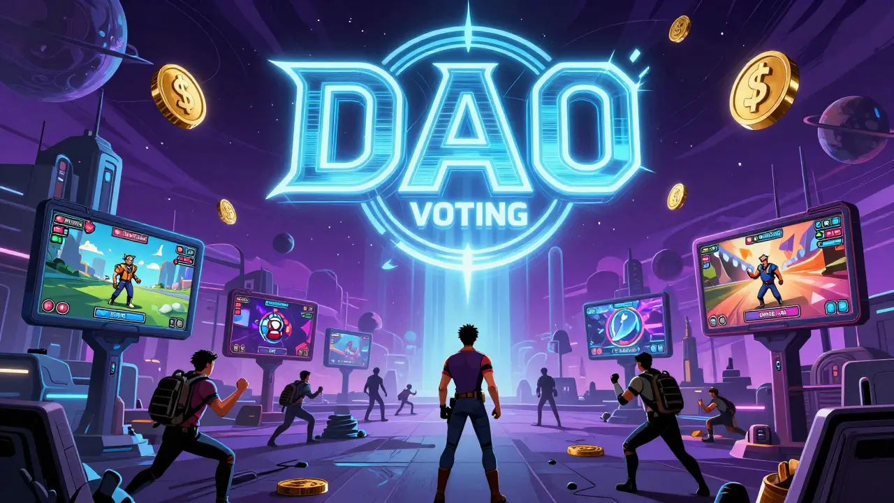 Players in a futuristic metaverse building games from NFT avatars, with $BULL tokens orbiting like celestial bodies.