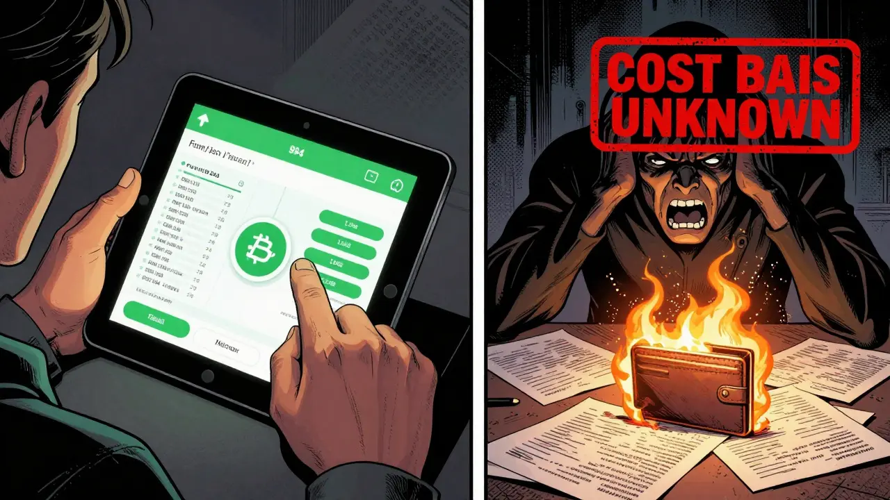 Split scene: one person organized with tax software, another in chaos with a burning wallet, comic book style.