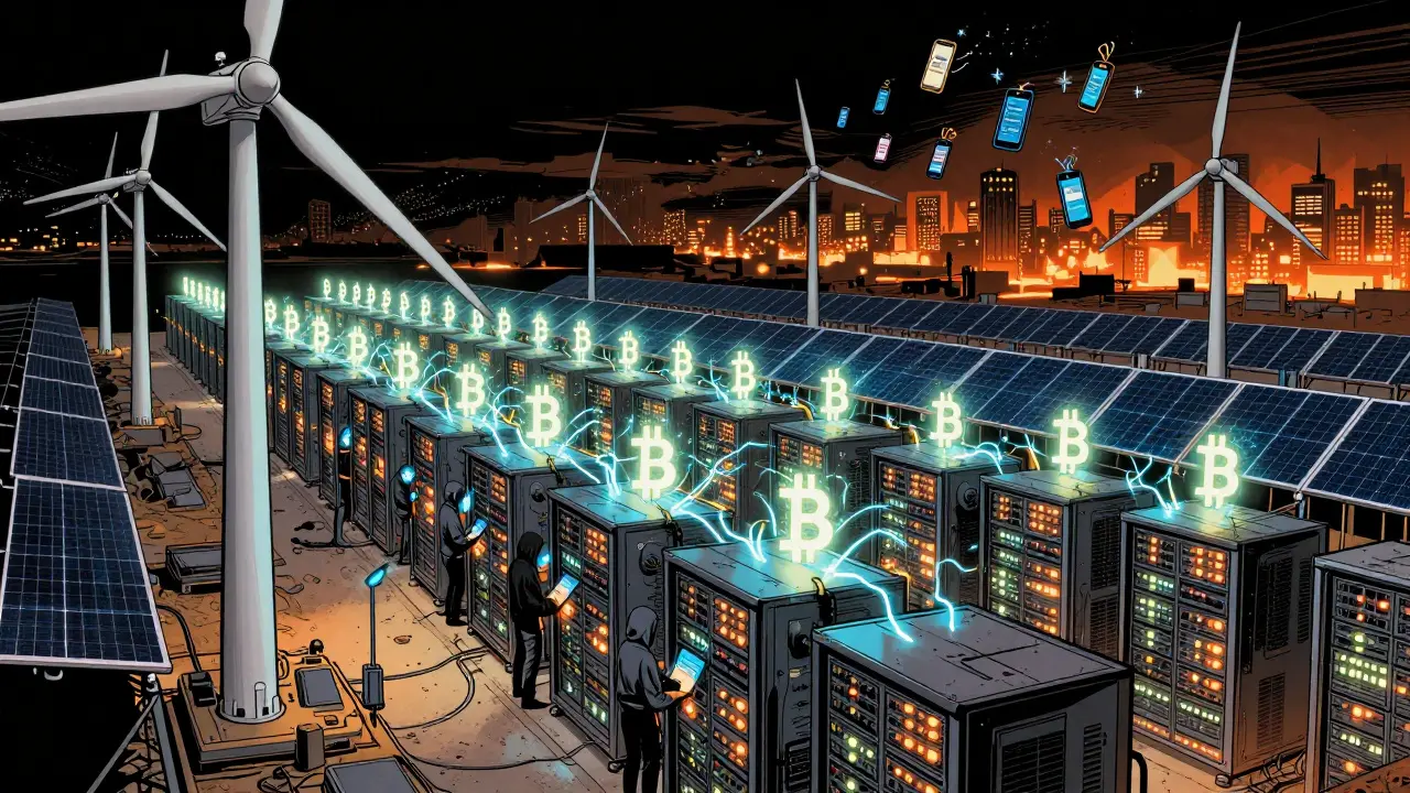 Underground Bitcoin mining farm powered by solar panels and wind turbines in rural Pakistan.