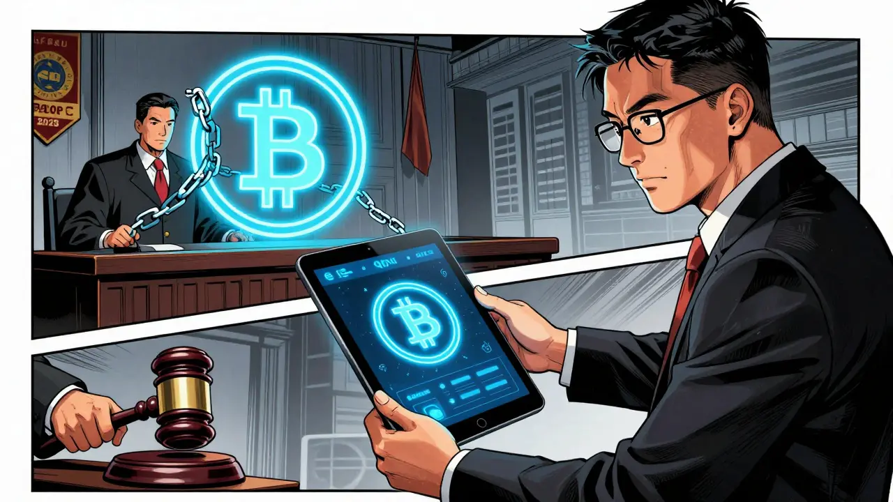 A business owner receives an e-CNY tablet while chains break around a Bitcoin icon and a judge slams a ban gavel.