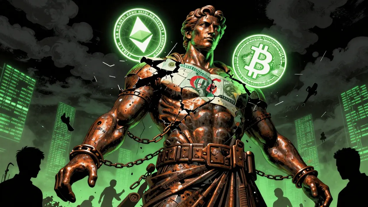 A crumbling Algerian dinar statue is weighed down by cryptocurrency symbols under state control.