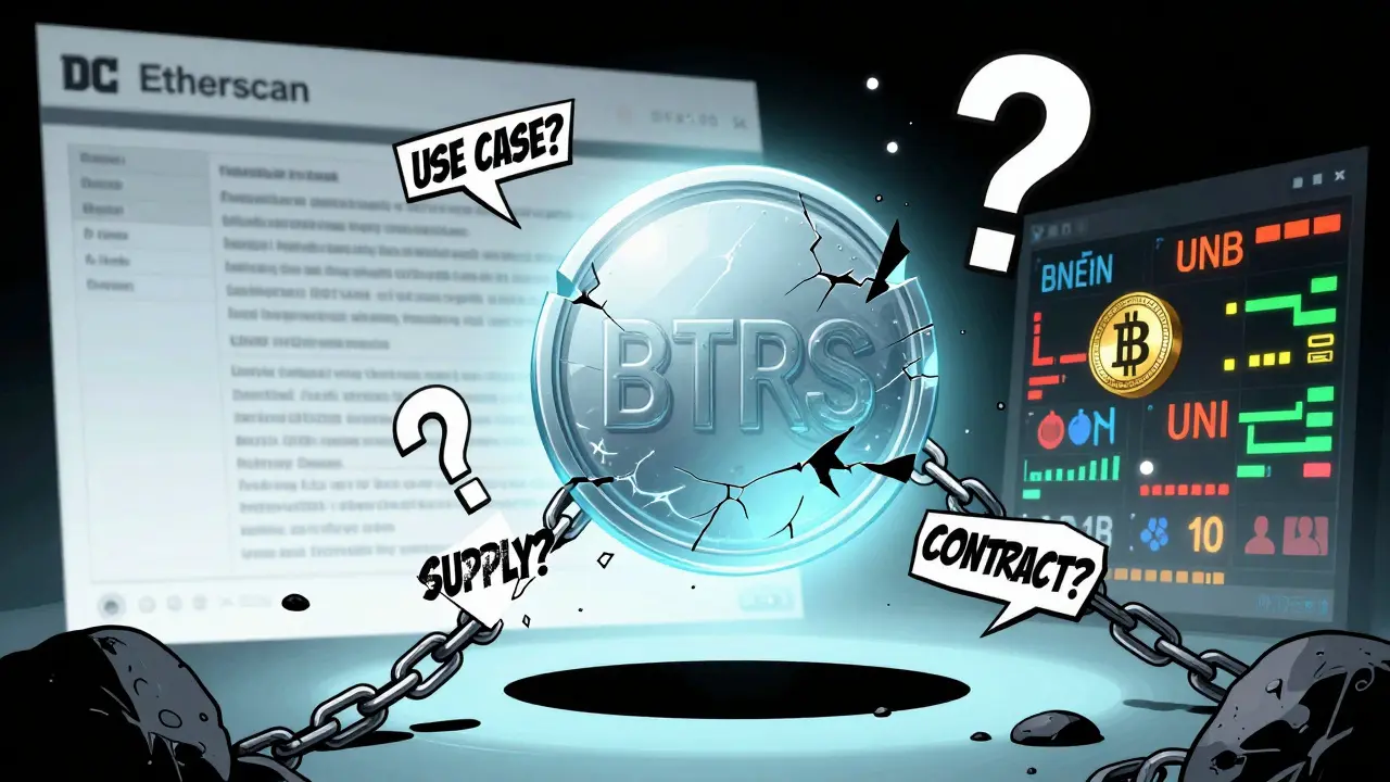 A fading BTRS token surrounded by question marks, while real tokens glow with active交易 data.