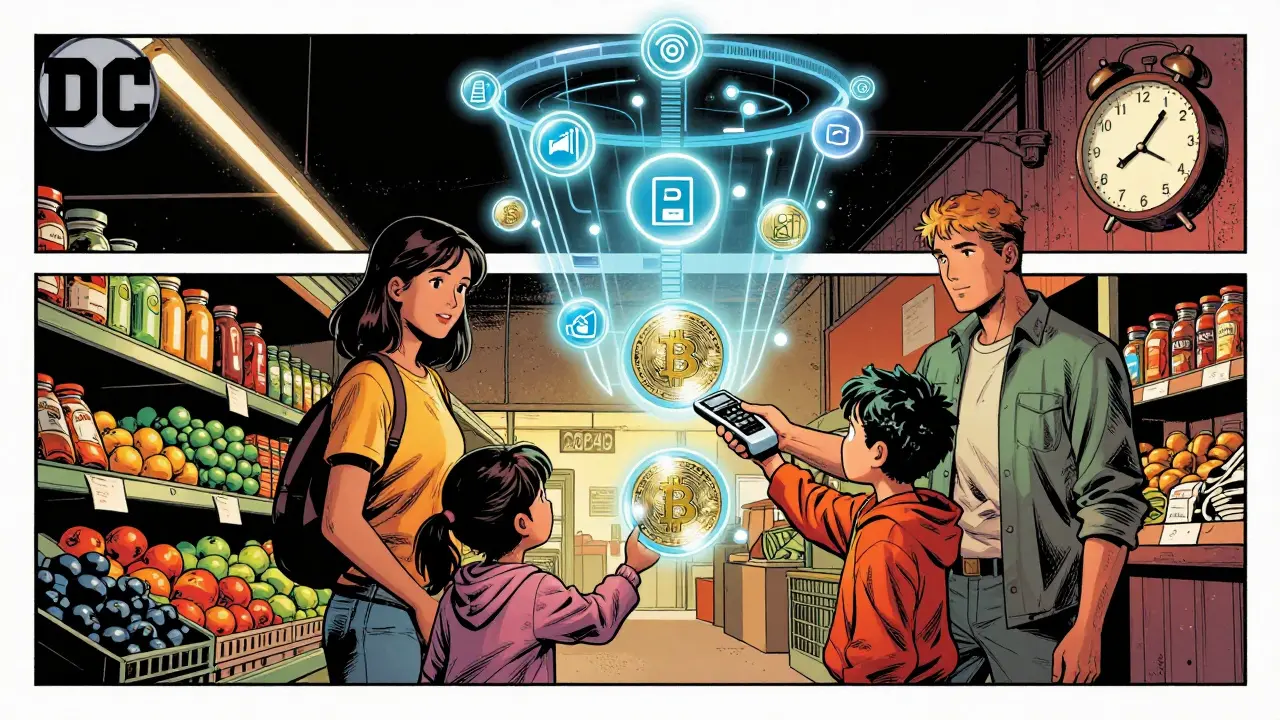 A family pays for goods with stablecoins at a market, while a DeFi sandbox portal glows above them.