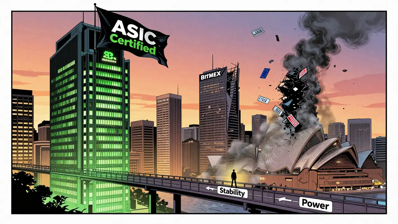 A futuristic Sydney skyline with BTC Markets glowing safely as BitMEX's tower crumbles in the distance, a user choosing stability over power.