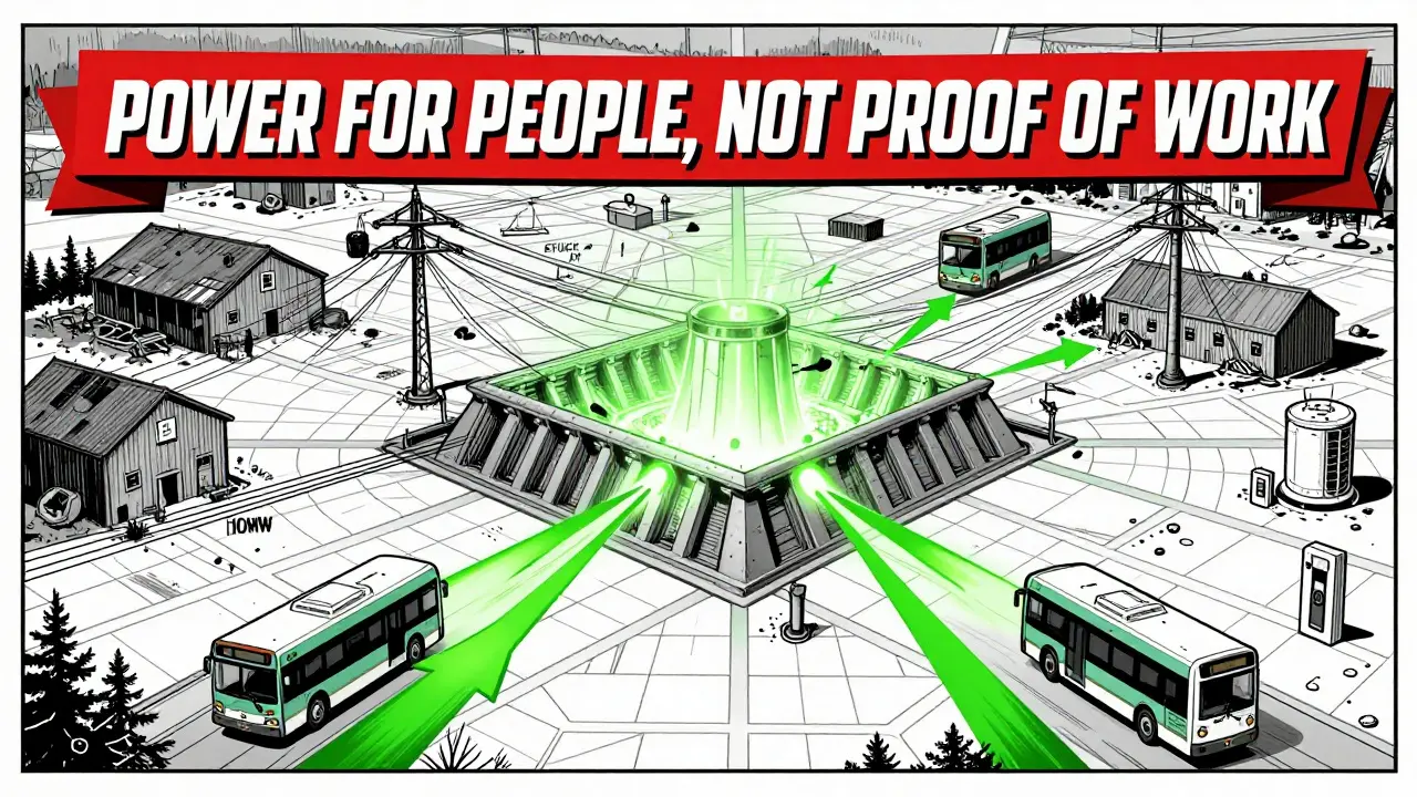 A grid map of New Brunswick shows power flowing to homes and EVs instead of abandoned mining sites, with a banner saying 'POWER FOR PEOPLE, NOT PROOF OF WORK'.