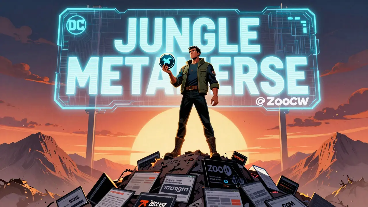 A hero stands atop discarded scam sites, holding an NFT animal and staked token as the Jungle Metaverse glows behind.