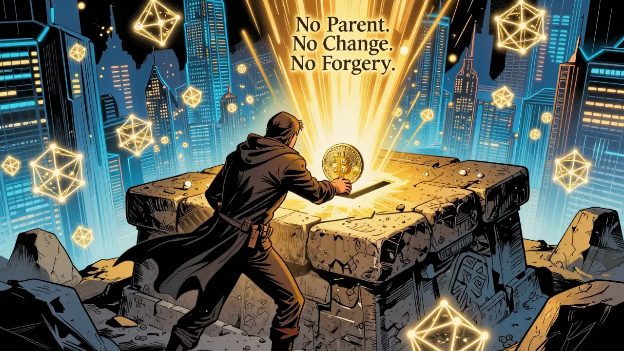 A lone miner placing a Bitcoin into the genesis block as blockchain nodes tower like skyscrapers behind him.