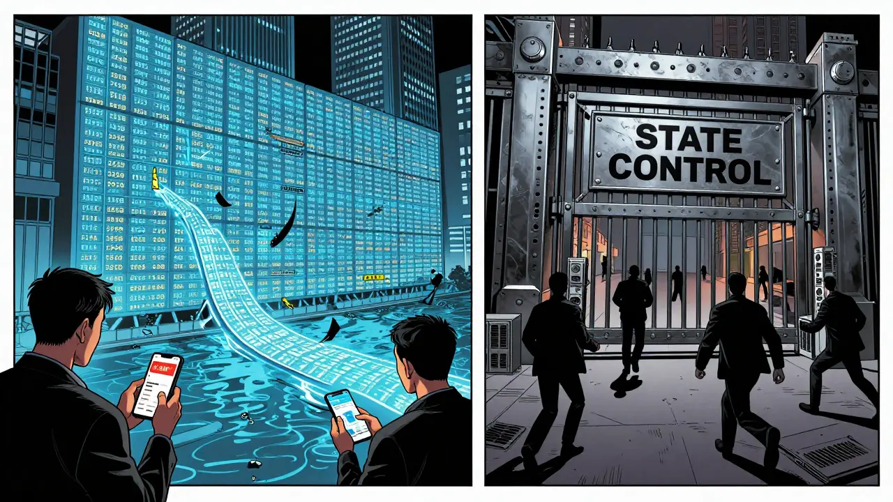 A massive gate blocks crypto transactions while citizens use e-CNY apps, set against a dystopian financial district.