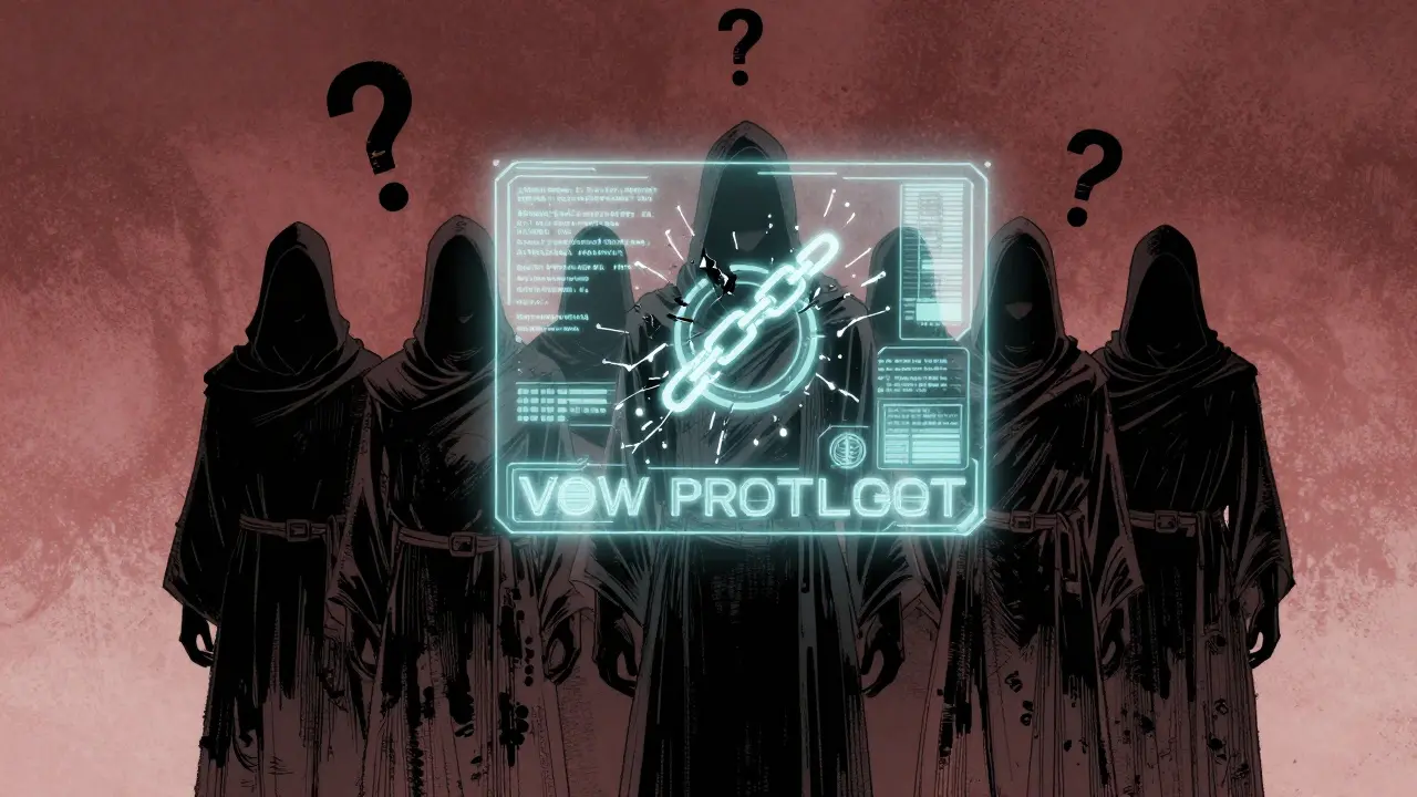 A mysterious team behind a holographic VOW interface with flickering code and broken chain symbols.