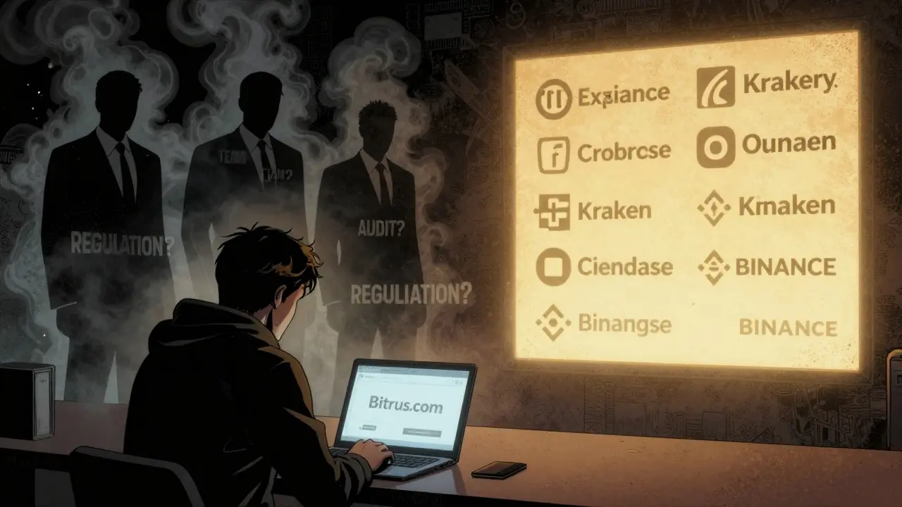 A person hesitating at a laptop with Bitrus, while shadowy figures of transparency vanish, contrasting with secure exchanges in the background.