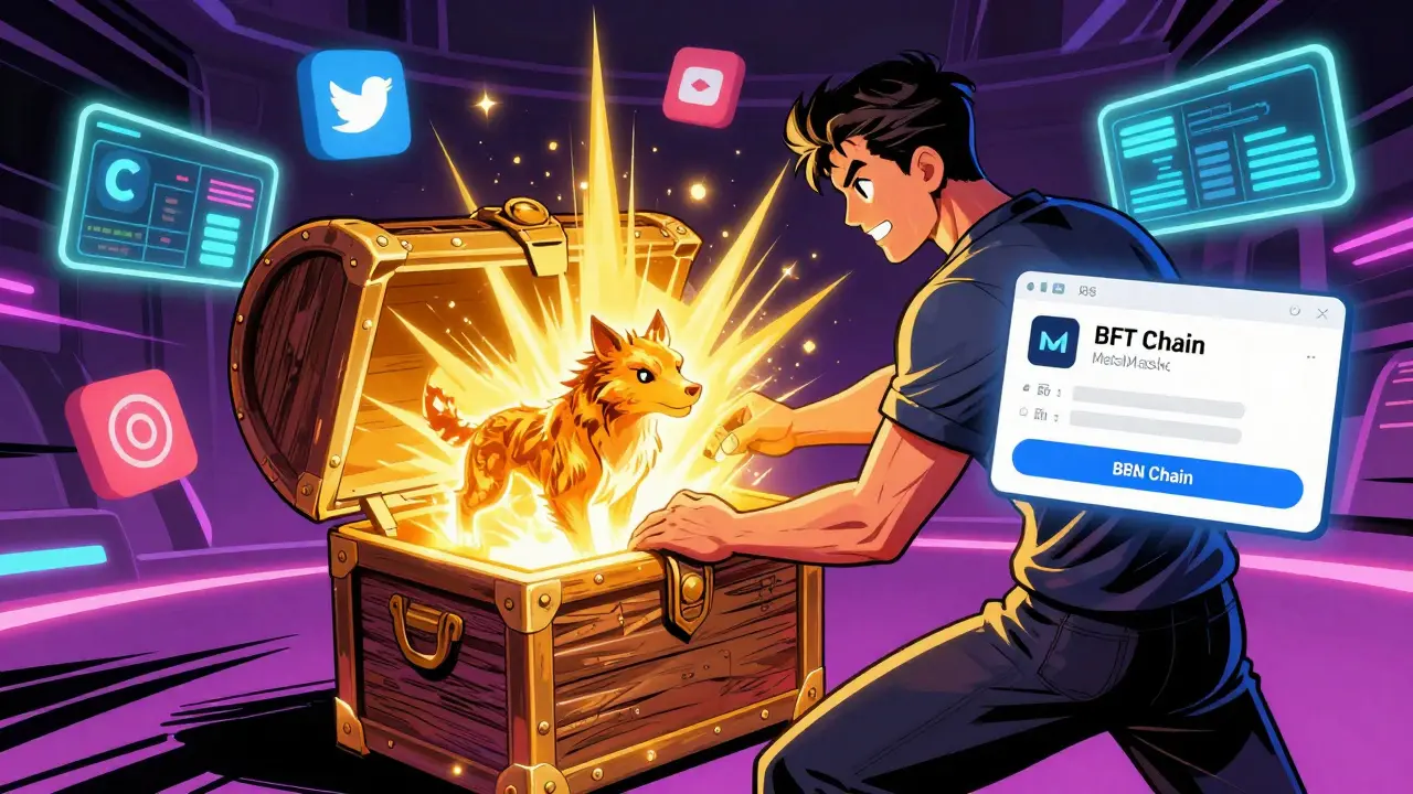 A player opens a treasure chest revealing an NFT animal, with wallet and social media icons glowing nearby.