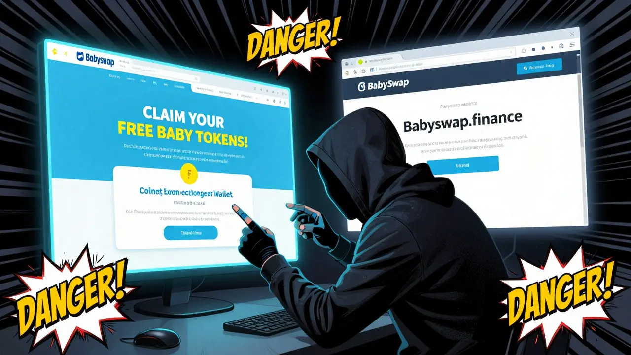A scammer trying to trick a user into connecting a wallet, while the real BabySwap site glows safely in the background.