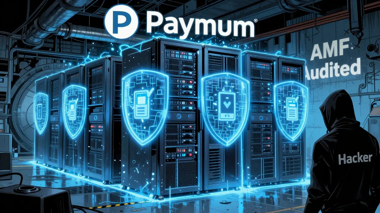 A secure crypto vault with glowing servers protected by regulatory shields, blocking a shadowy hacker figure.