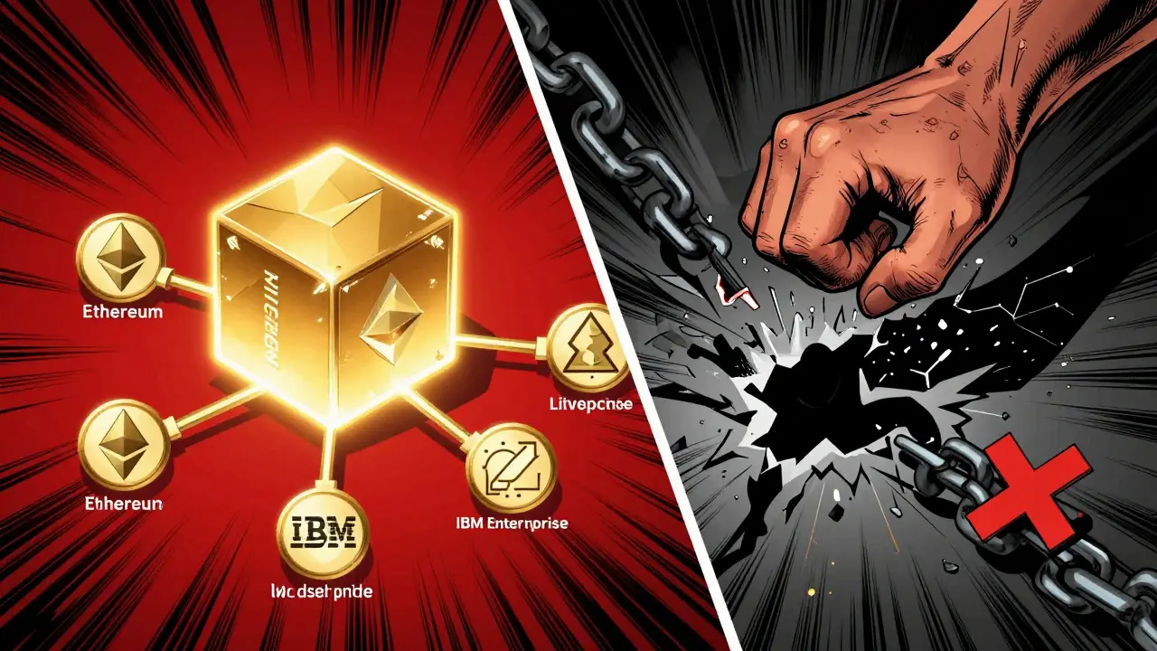 A split timeline: one side shows a strong, glowing blockchain anchored by the genesis block, the other a broken chain being destroyed.