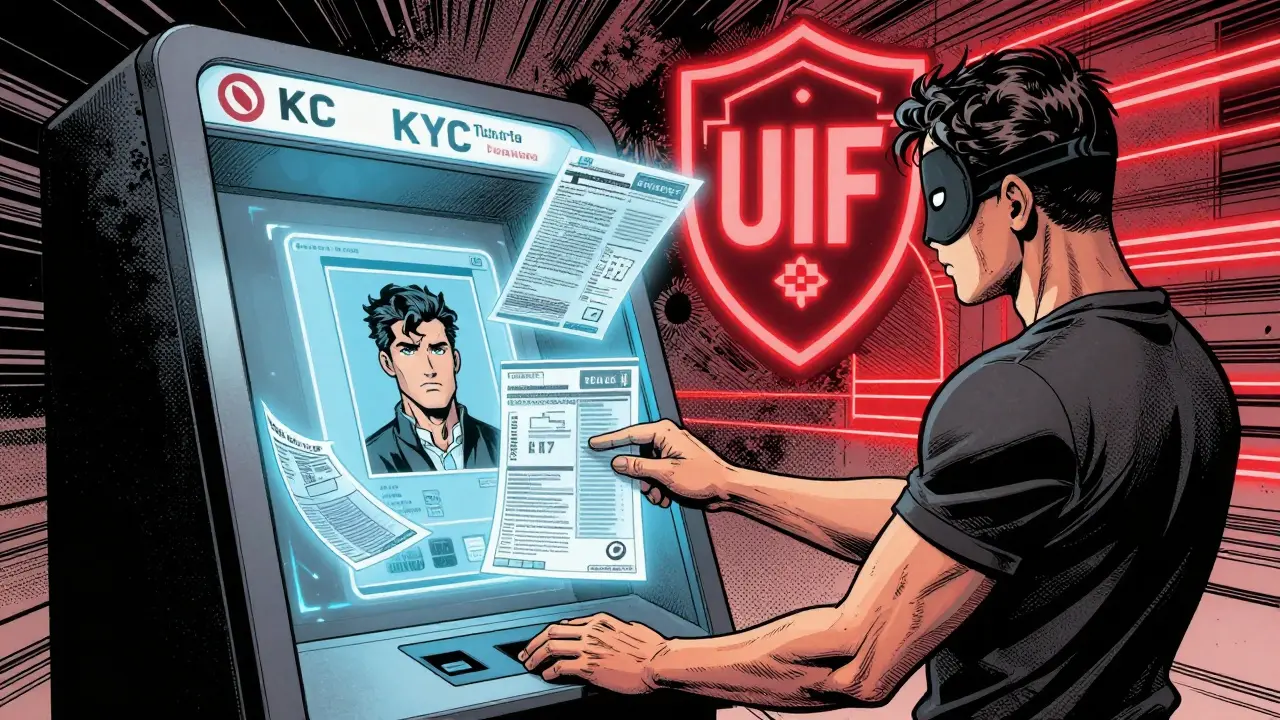 A user undergoing strict KYC at a crypto kiosk, holographic documents floating as UIF tracks transactions.