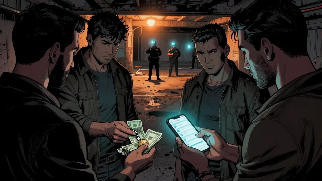 Algerians secretly trade cash for cryptocurrency in a parking lot, using encrypted apps.