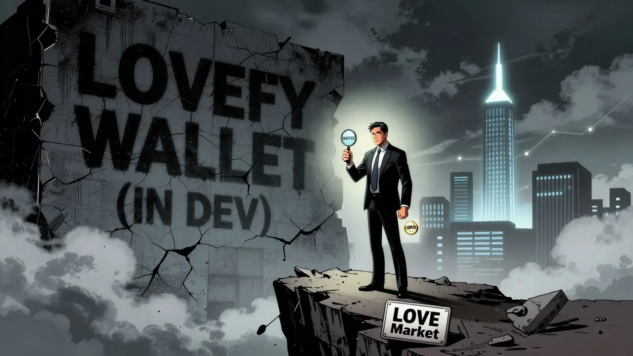 An investor on a crumbling market cliff facing an incomplete Lovefy wallet wall, with Aave and Compound towers glowing in the distance under dramatic lighting.