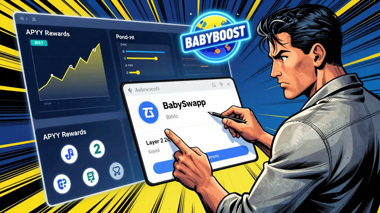 An investor staking BABY tokens on BabySwap with APY graphs and zkSync integration icons glowing around them.