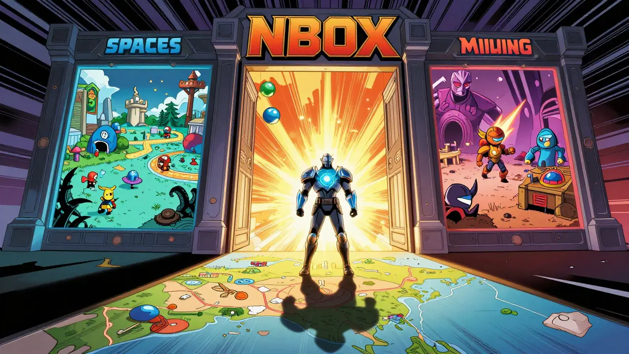 An N-Guard standing before a portal revealing three new NBOX games: Space Pirates, Dragon Quest, and Group Mining.