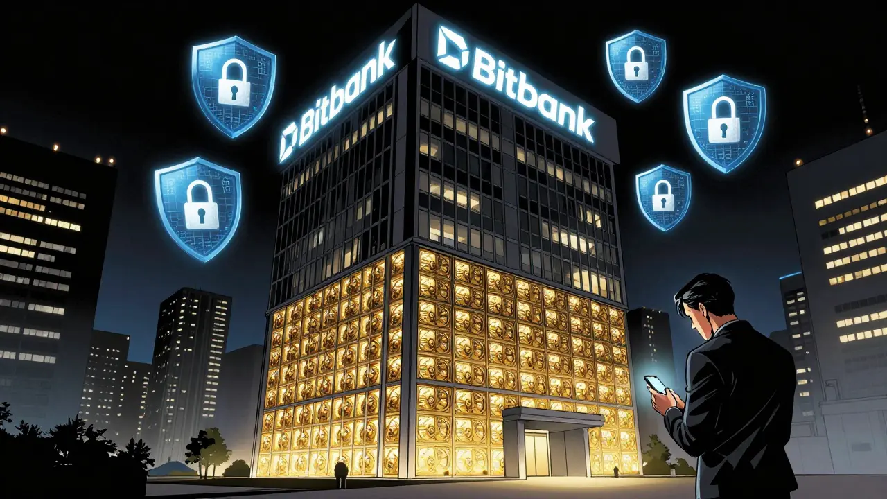 Bitbank's secure headquarters at night with glowing cold storage vaults and digital security shields protecting user funds.