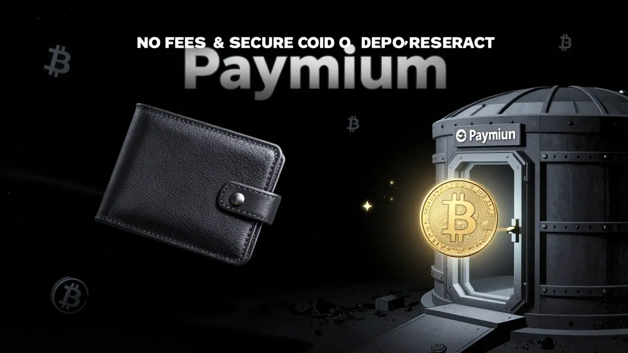 Bitcoin wallet being pulled safely into a secure vault by a Euro coin shield, no fees.