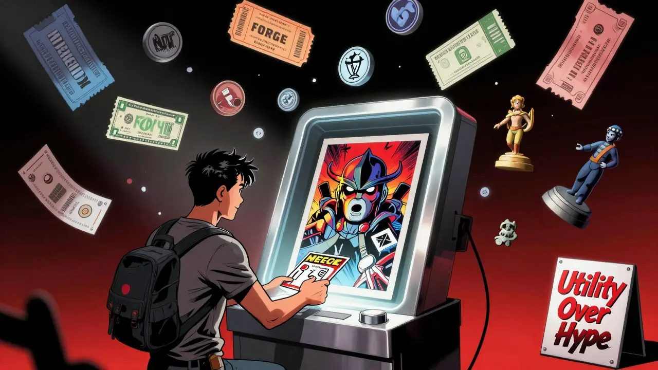 Collector redeeming $FORGE tokens for a physical Meegos art piece at a glowing kiosk.