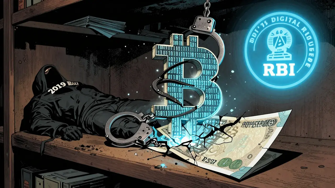 Cracked rupee turning into blockchain code with handcuffs of binary and digital rupee in distance.