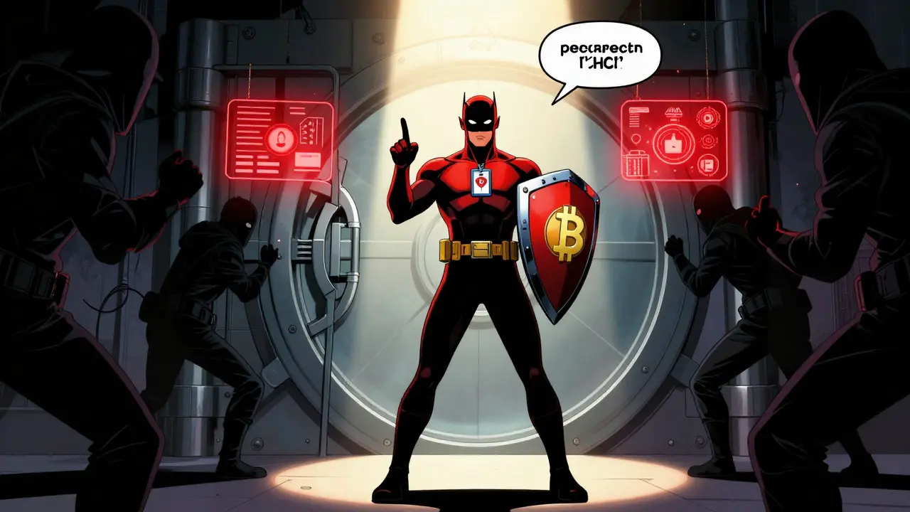 Crypto guardian protecting vault from shadowy scam figures with verification shield