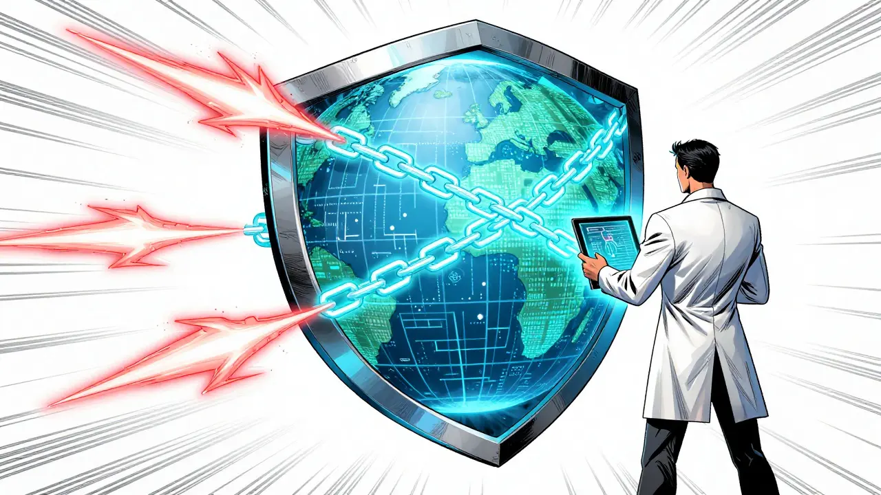 Digital security shield blocking malicious red attacks.