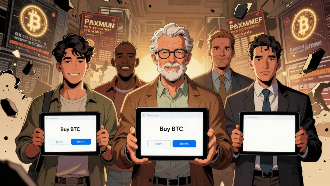 Diverse European users calmly trading Bitcoin on a simple interface while chaotic crypto exchanges crumble behind them.