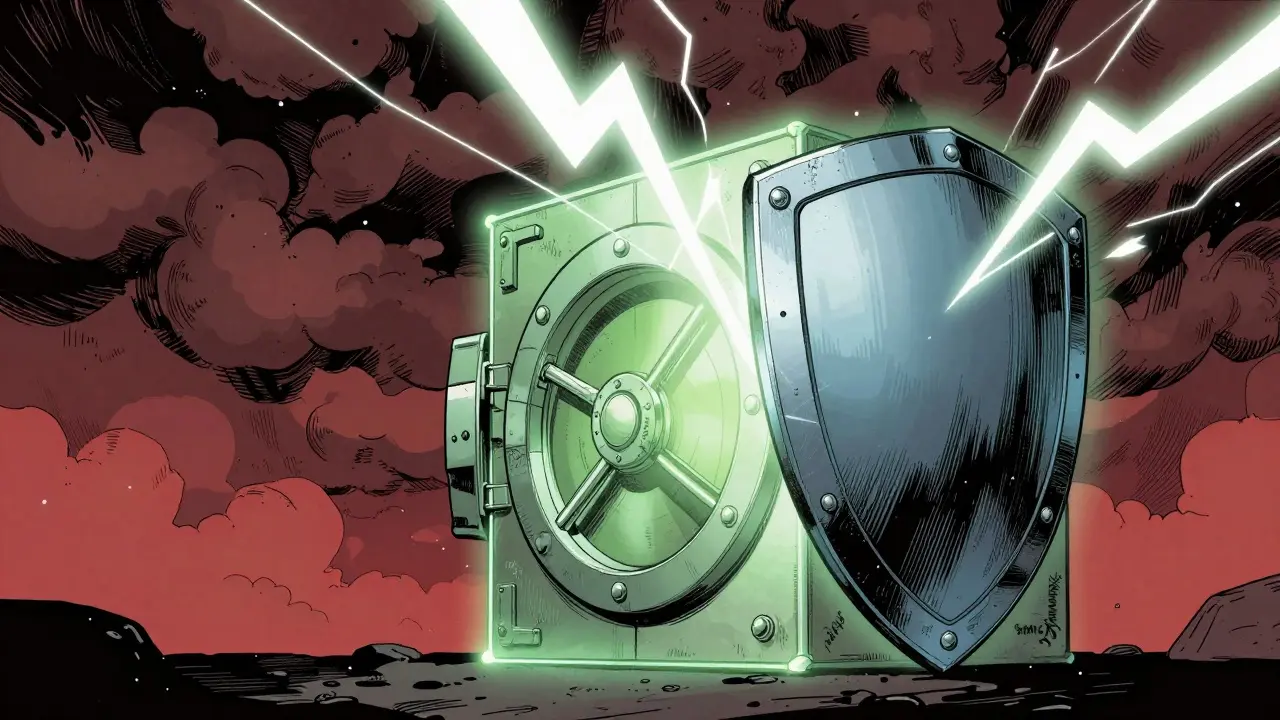 Energy shield protecting a vault from storm clouds