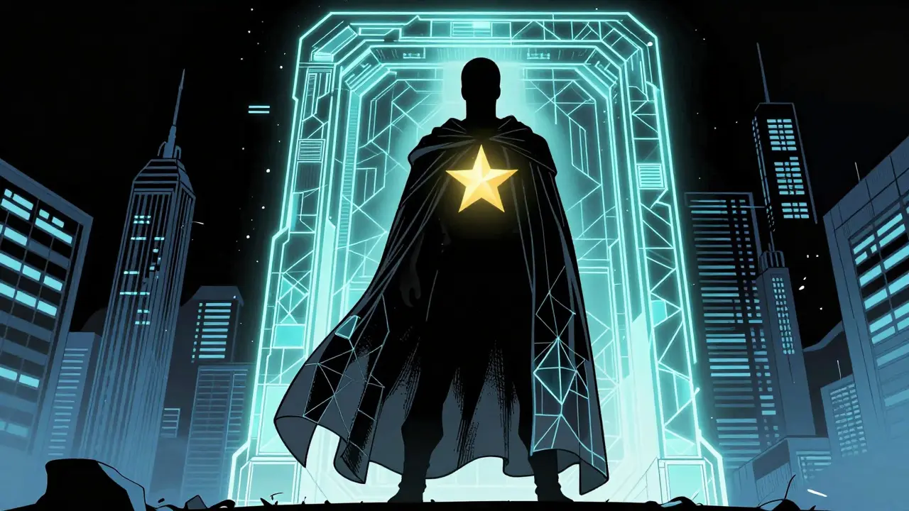 Figure in encryption cloak before digital blockchain gateway.