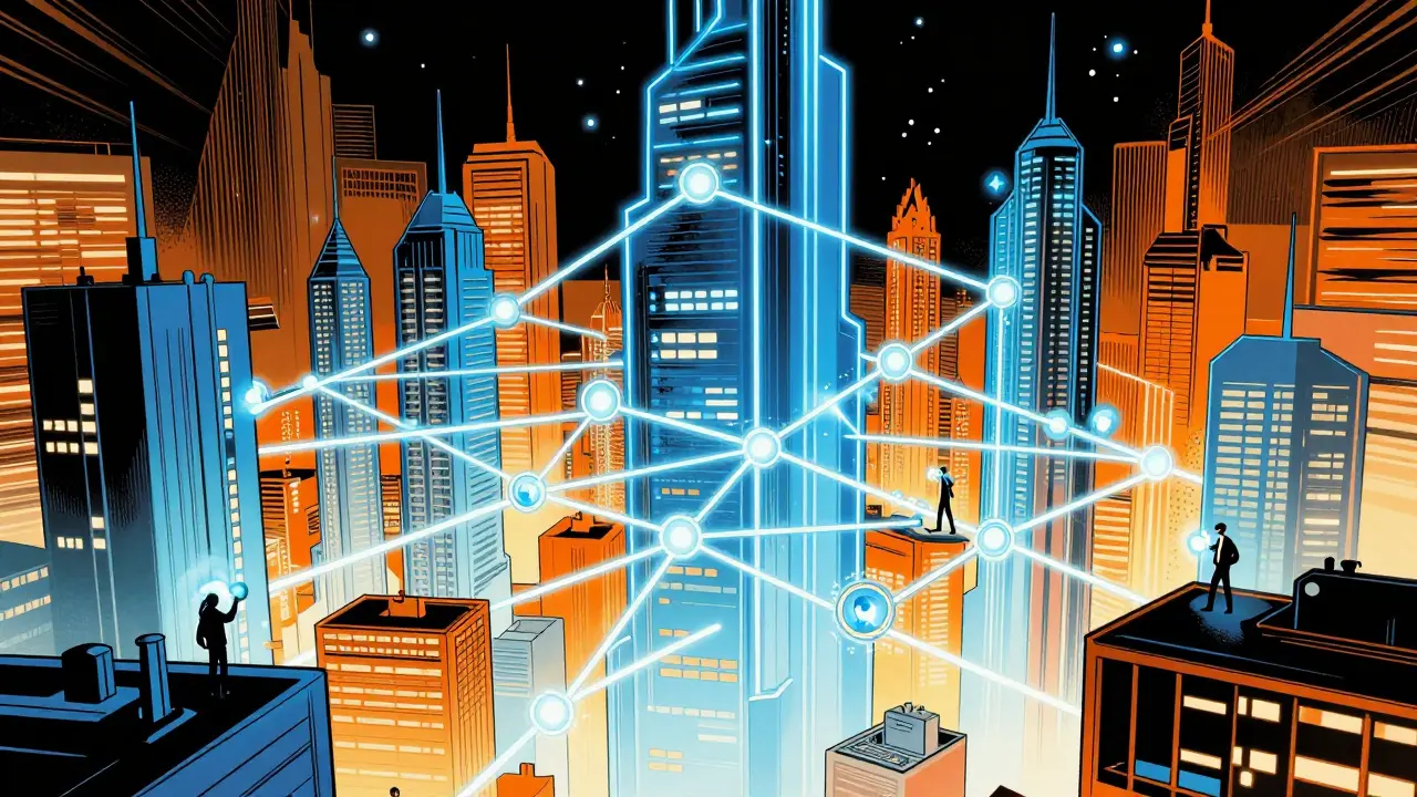 Futuristic exchange towers connected by data streams