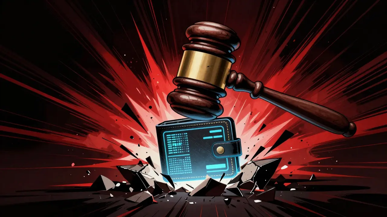 Giant stone gavel slams down on digital wallet icon.