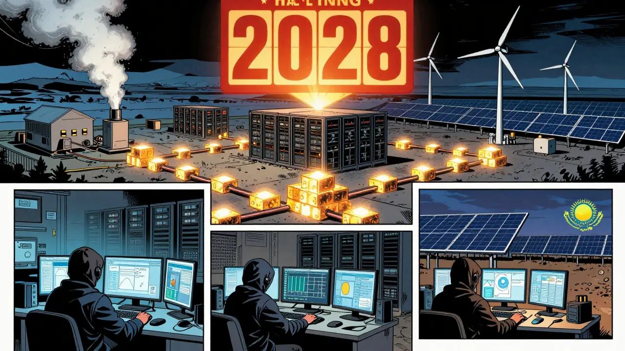 Global mining farms in Iceland, Texas, and Kazakhstan, with Bitcoin blocks forming a chain under a halving countdown banner.