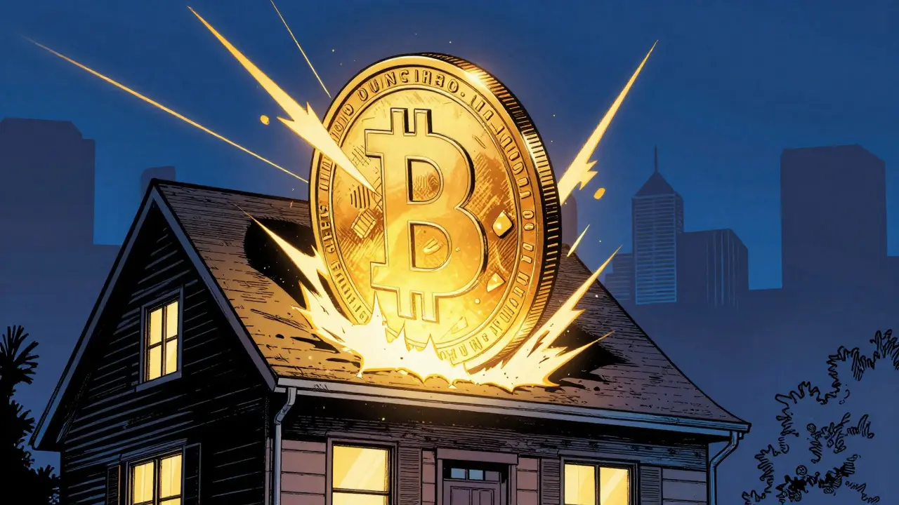 Gold coin rising from stylized house illustration