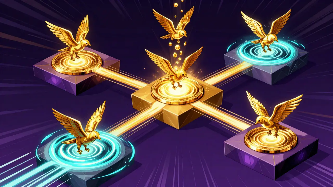 Golden tokens flowing through blockchain nodes with deflationary burn visualization