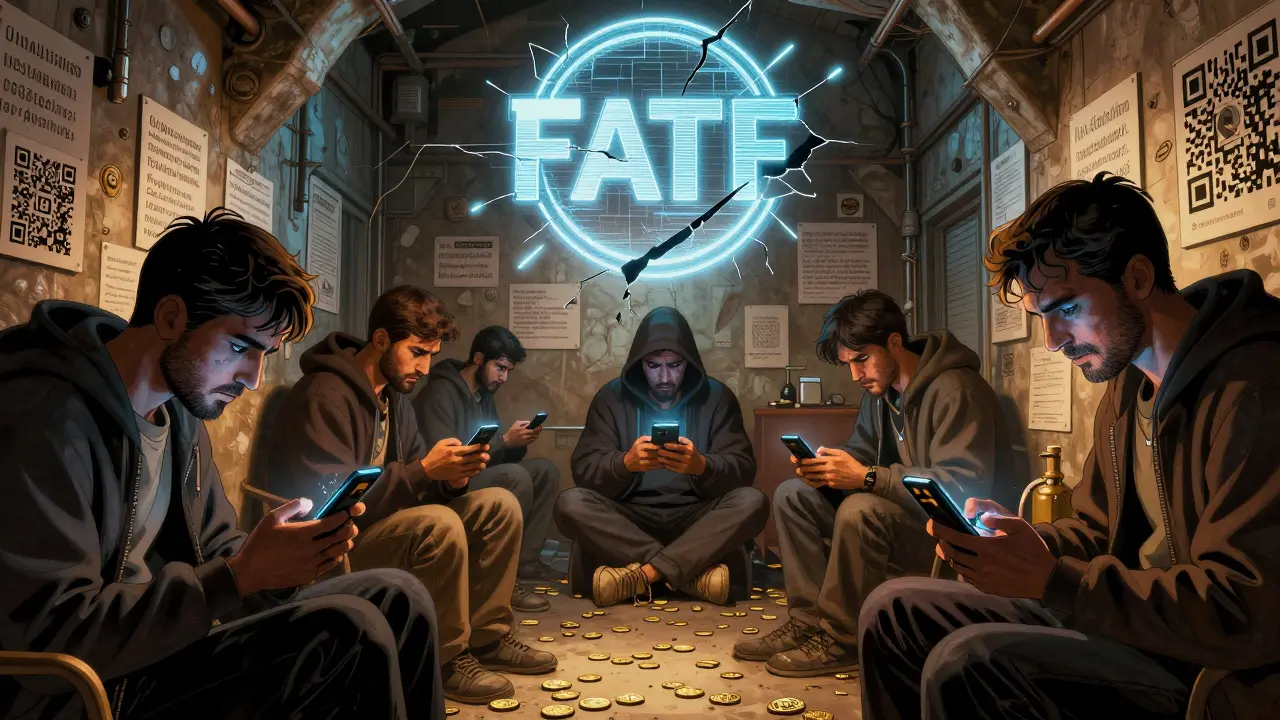 Hidden crypto traders in Tehran verify transactions on smartphones, surrounded by QR codes, as a cracked FATF logo looms overhead.