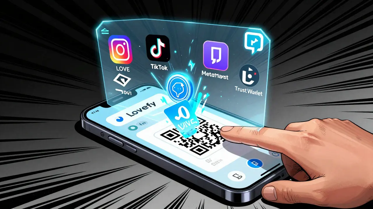 Holographic Lovefy wallet transforming social media tips into Visa payments with glowing LOVE tokens and wallet icons pulsing around a smartphone.