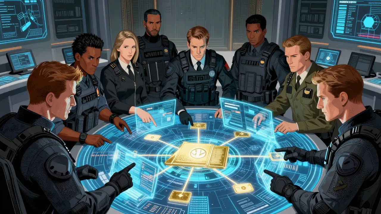 International task force analyzing data on holographic map.