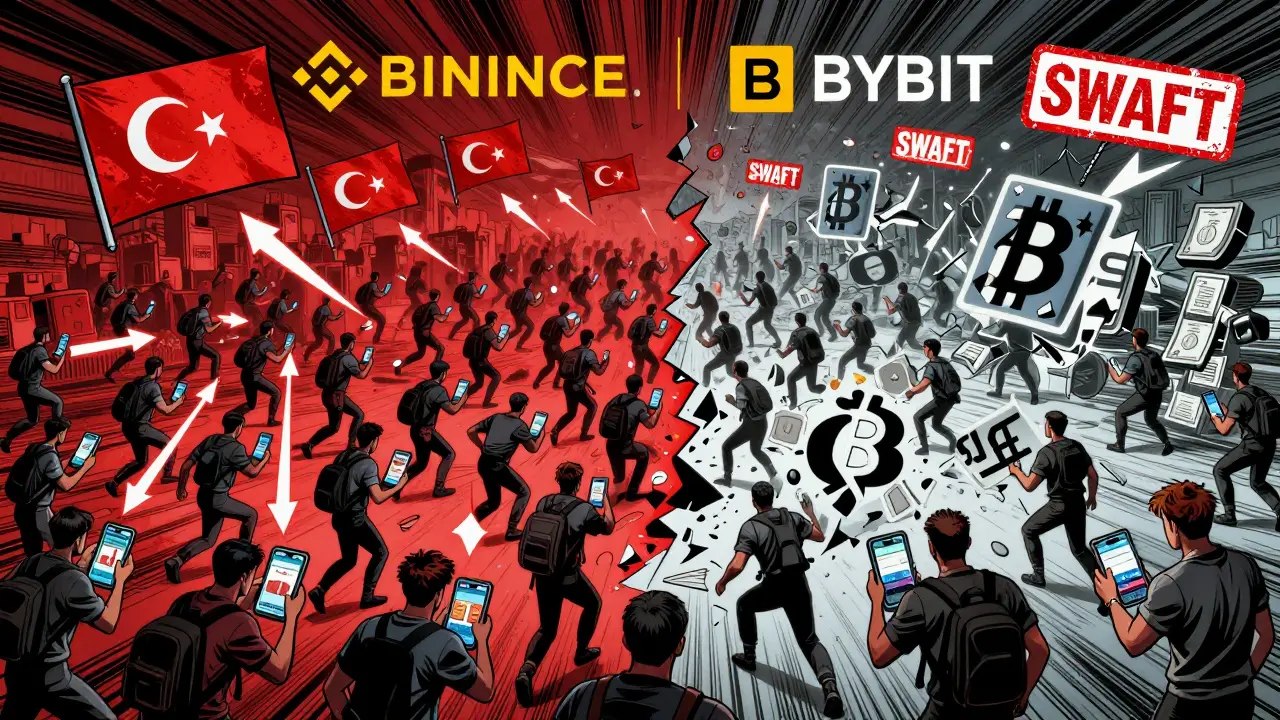 Iranian users send Bitcoin through digital networks while frozen bank accounts and global exchange logos crumble above them.