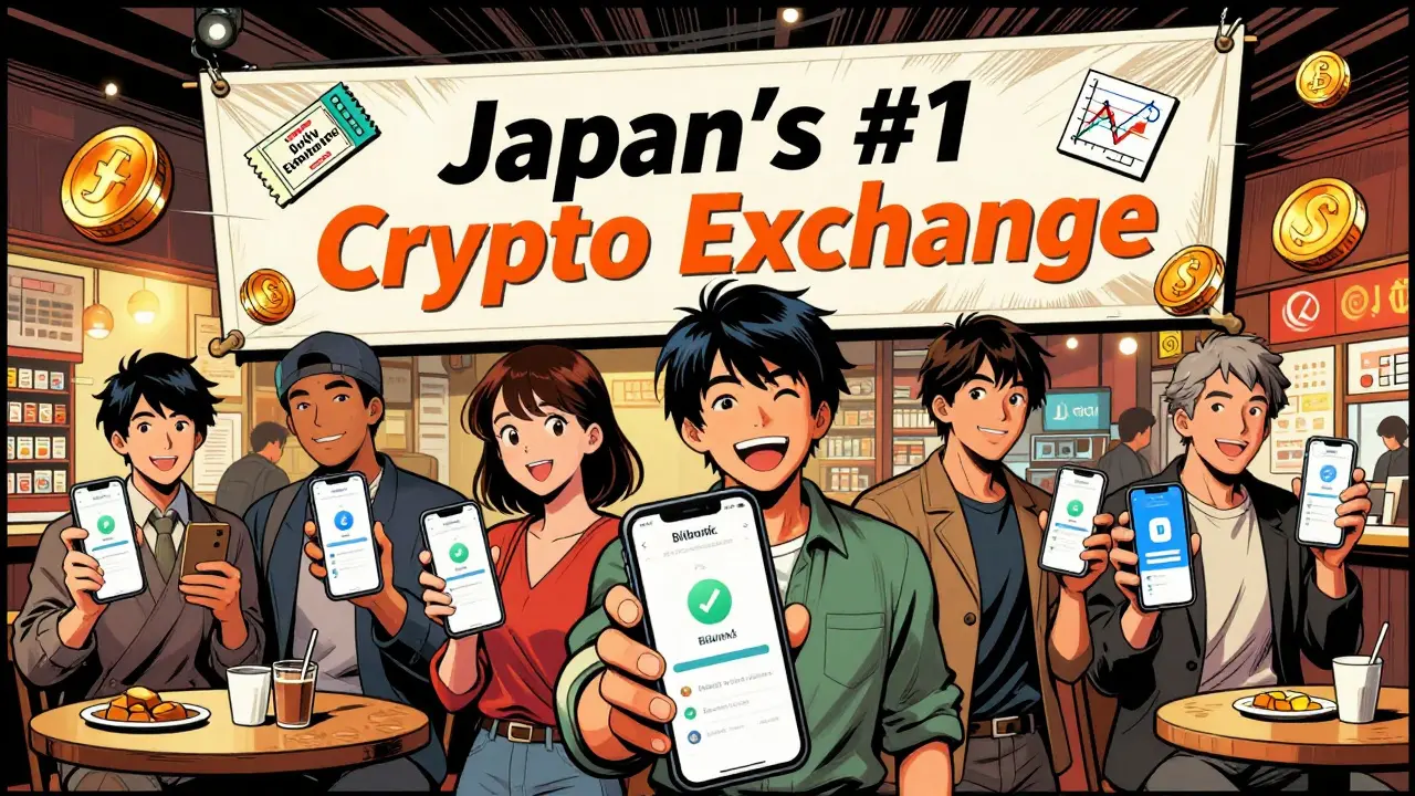 Japanese traders in a Tokyo café celebrating zero-fee crypto trading with Bitbank's app displayed on their phones.