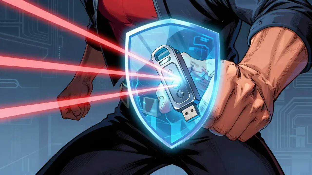 Person holding hardware key emitting blue protective shield.