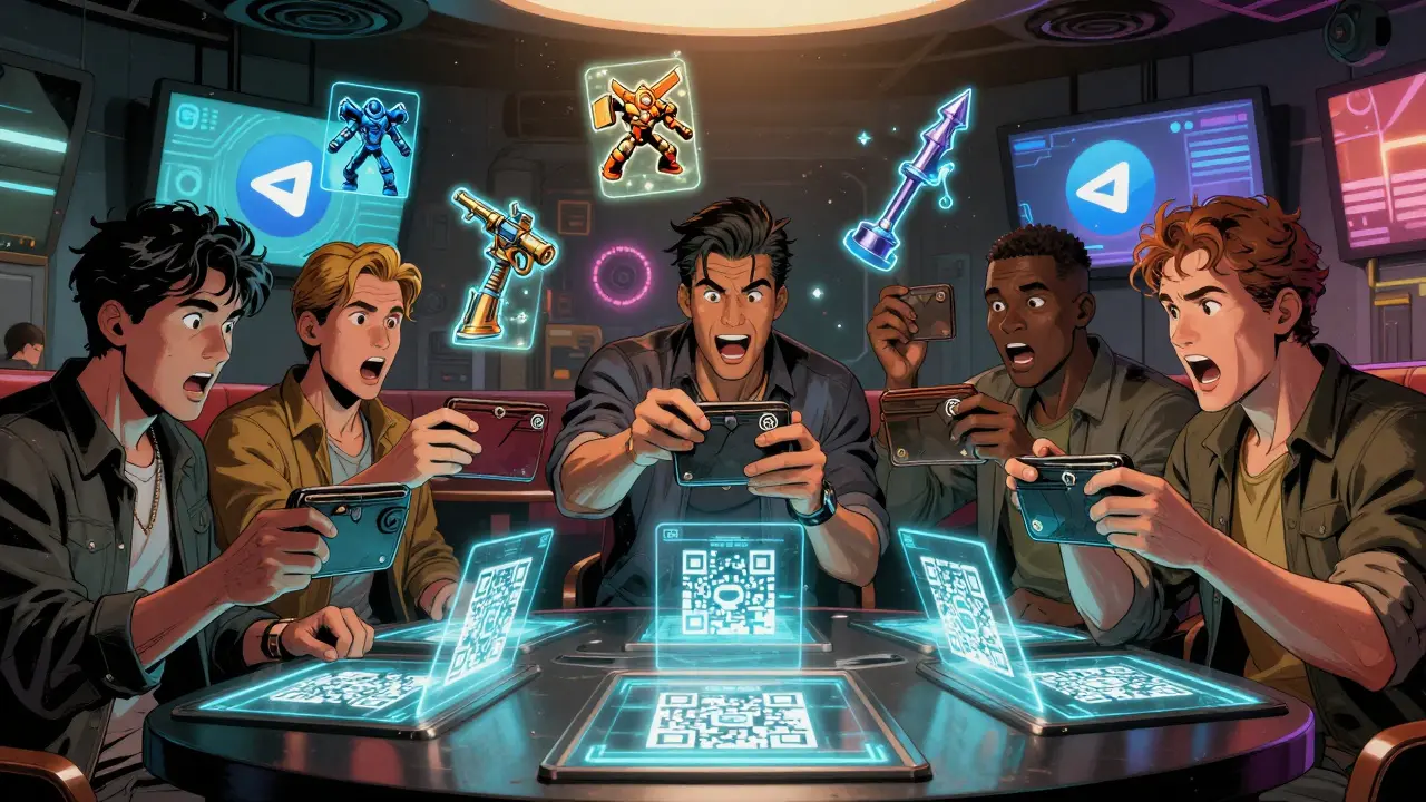 Players interacting with holographic NFTs using wallets, surrounded by Discord and Telegram interfaces.
