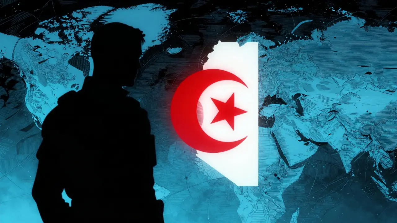 Red surveillance eye watching over Algeria silhouette.
