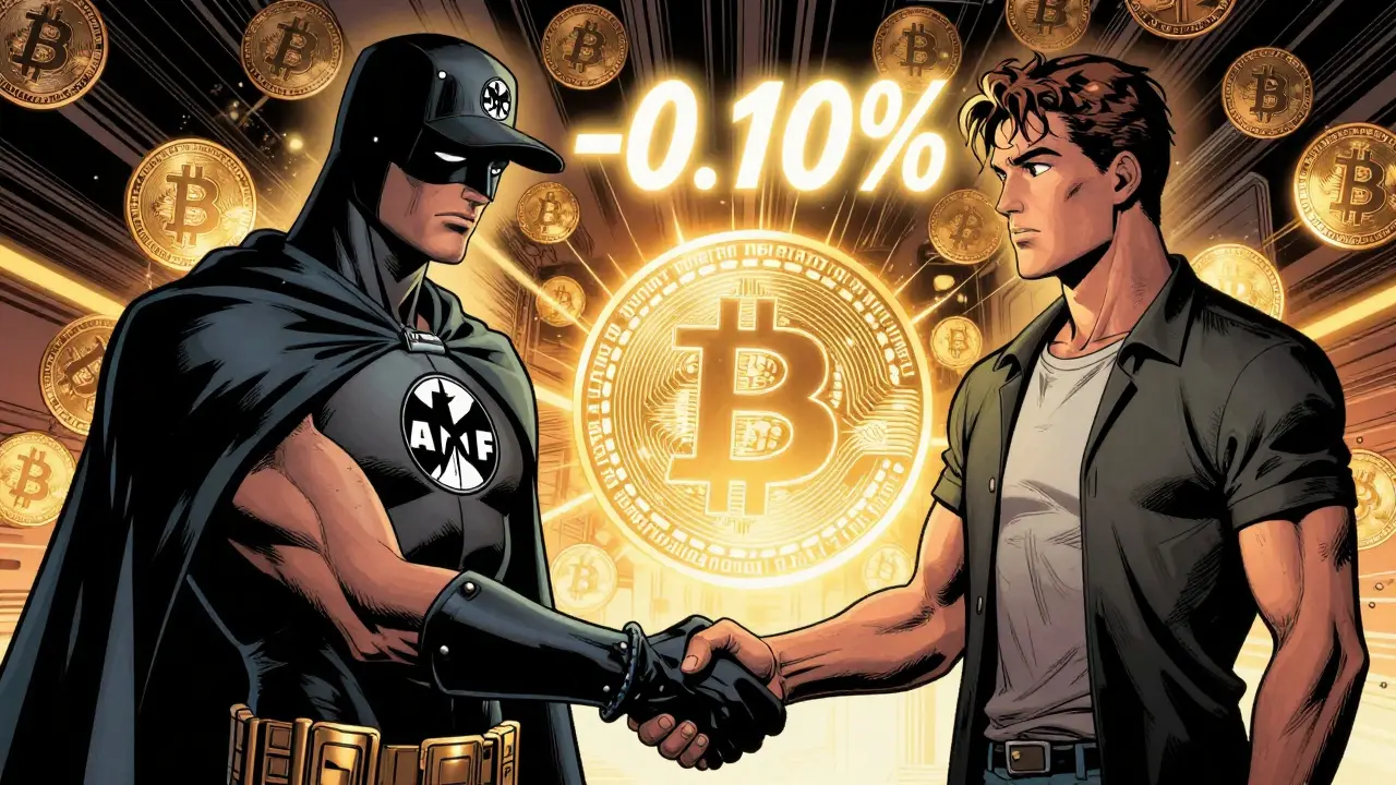 Regulation figure shaking hands with user as negative trading fee glows like a superpower.